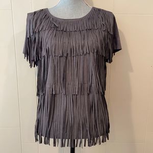 Blue Gray Fringe Short Sleeve Faux Suede Shirt M